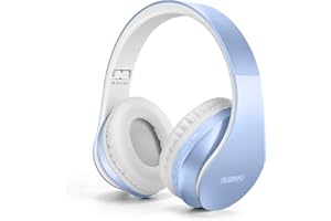 TUINYO Auricular Bluetooth, Auriculares Inalámbricos de Diadema con Micrófono, Audífono Inalámbrico Estéreo Plegable y Ligero para Viaje Trabajo Televisor Computadora Teléfono- Azul Claro