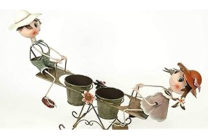 CAPRILO Macetero Doble Decorativo de Metal Niños en Balancín. Adornos y Figuras. Decoración para Jardín. Regalos Originales. 50 x 13 x 29 cm. IB 2
