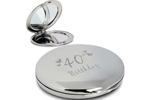 GIFTRUSH Silver Finish Engraved 40th Birthday Round Compact Mirror with Butterflies Great Idea for Birthday Gift Friends Presents Gifts