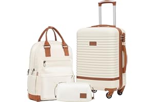 COOLIFE Koffer Trolley Koffer Reisekoffer von ABS Hartschalen Trolley 4 Rollen TSA-Schloss Der Koffer Enthält 1 Reiserucksack und 1 Kulturbeutel (Weiß/Braun, Handgepäck-Set 3tlg)