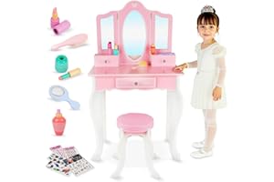 GREEN SERIES Kinderplay duża drewniana toaletka dla dziewczynki z lustrem – toaletka z akcesoriami, różowa toaletka dla dzieci, (GS3300)
