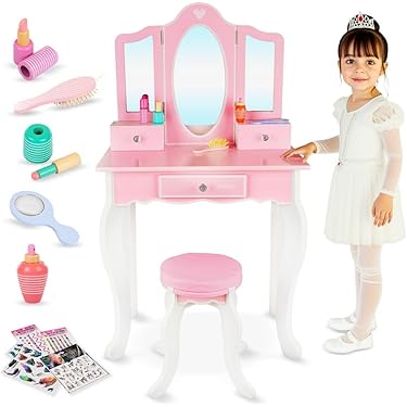 deAO Kinderkaptafel voor meisjes, 2-in-1 kinderkaptafel met