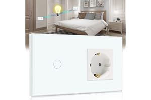 BSEED Interruptor con Enchufe,1 Gang 2 Vías Interruptor tactil +16A 250V enchufe pared,Interruptor Táctil de Luz pared con panel de vidrio templado,Schuko Enchufe Blanco