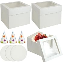 Lot De 3 Boîtes à Gâteau En Carton Avec Fenêtre - 25,5x25,5x20,5 Cm - Plateau Et Chapeau Inclus - Pour Transport Et Présentation - 8