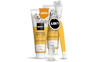 ANIMIGO Brosse à Dents Chiens, Kit avec Doigtier & Dentifrices (2x 100g) - Brosse à Trois Têtes, Dentifrice Chien Mauvaise Haleine Goût Menthe & Doigtier Silicone - Kit Anti Tartre Dentaire & Plaque