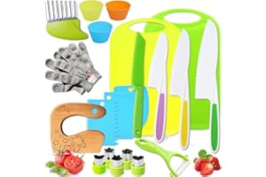 LIAMASUM Kids Kitchen Knife Tools -Montessori Toddlers Cooking Sets for Real Cooking with Chef Knives/Crinkle Cutter/Kids Cutting Board/Y-Peeler/Fruit Cutters Shapes/Kitchen Gloves and Dough Cutters
