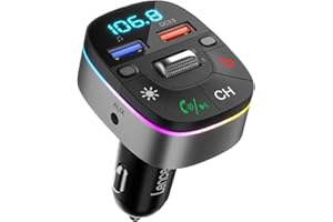 ‎LENCENT LENCENT 5.0 Samochodu Nadajnik FM Bluetooth, Bezprzewodowy Adapter Radiowy z QC3.0 ładowarka Fast USB, Adapter Radiowy Bluetooth AUX, Zestaw Głośnomówiący, MP3, Obsługuje dysk U, Kolorowe światło