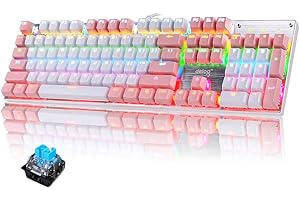 LexonElec Mechanische Gaming Tastatur LED Beleuchtete Gaming Tastatur mit QWERTY US Layout 104-Tasten Blaue Switch Metall Platte Langlebig, Ergonomisch, Wasserdicht Keyboard - Weiß Rosa