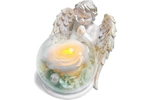 inyeskon Geburtstagsgeschenk für Frauen, Ewige Rose mit Engel Figur & LED Licht in Einer Glaskuppel Weiß Blume Engel Geschenke für Sie Mutter Oma zum Weihnachten Muttertag Valentinstag