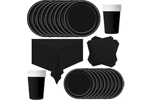 POPOYU Partygeschirr Kindergeburtstag Schwarz,69 Stück Geburtstagsparty Geschirr Pappteller Set,Tischdecke Papier Tassen Teller Servietten zum Weihnachten,Geburtstag,Hochzeiten,Jubiläums(16 Gäste)