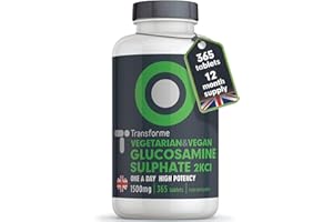 Glucosamine Sulphate 2KCl 1500mg 365 Tablets, 1 Year Supply, Vegan High Strength Glucosamine, 1 Coated Breakable Tablet Per Day, UK Made Supplement for Men and Women by Transforme