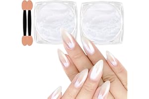 Allstarry Chrome Ongle, 2pcs Blanc Perle Poudre Chrome Ongle, Poudre irisée Aurora Poudre Ongle Miroir métallique effet paillettes poudre perlée Transparent pour Chrome Ongles Nail Art Chrome Nails