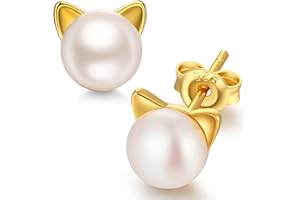 jiamiaoi Pendientes gato perlas plata Pendientes mujer plata de perla Pendientes de perlas plata Pendiente gato niña Pendientes forma gato de perlas 7.5-8mm