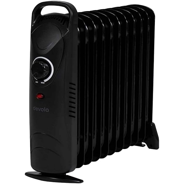 Devola 1000W 11 Fin Mini Oil Filled Radiator, Portable Low Energy Electric  Heater with Thermal Fuse for Overheat Cut Off, IP20, Power Indicator Light,  and Adjustable Heating Dial - DVMOR11F10B (Black) :
