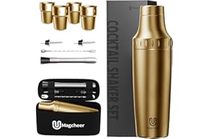Magcheer 900ml Juego de Coctelera Profesional con 4 Vasos Plegables | 9 Piezas Cocktail Kit con Bolsa | Coctelera Aislante Resistente a las Heladas | Medidor Incorporado | Regalo Hombre(Oro)