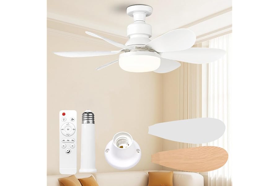 Ventilateur de Plafond avec Lumière et Telecommande 52CM 30W 1800 Lumen | 3000-6500K 3 Couleurs & 3 Vitesses, avec Douille E2