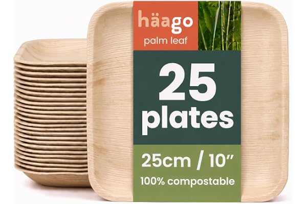 HAAGO 25 Fyrkantiga Engångstallrikar av Palmblad, 25 cm – för Varm och Kall Mat, Fest och Grill – Komposterbara, Mikrovågsugn
