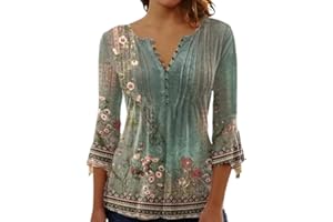 Yeenily Camiseta Mujer Manga 3/4 Top Túnica Larga Cuello V Elegante Suelta Sólidos Estampadas Casual T-Shirt con Botones