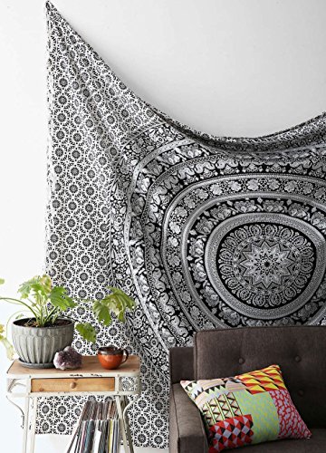 Marubhumi Wandteppich mit indischem Mandala-Design und Elefanten-Muster, schwarz & weiß, 81 X 55 Inches (Approx)