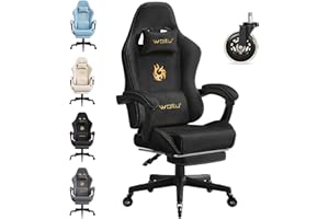 WOLTU Silla Gaming con Soporte Lumbar, Silla Oficina Ergonómica con Cabeza y Reposapiés, Sillón Trabajo Giratorio con Gran Asiento y Ruedas, Tela de Ante, Negro