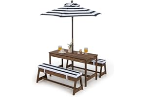 KOMFOTTEU Zestaw mebli ogrodowych dla dzieci z 2 ławkami i regulowanym parasolem, zestaw mebli ogrodowych dla dzieci z drewna jodłowego, ławka dziecięca z poduszkami, zestaw mebli dziecięcych do