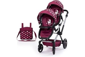 Bayer Design 26723AA Landau Jumeaux pour Poupée Twin Xeo, Poussette Double, réglable, Panier intégré avec Sac à bandoulière, Bordeaux, Rose, étoiles