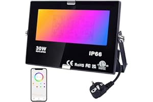 DUSKTEC Foco LED Exterior 30W RGBW, Proyector LED Cambio de Color Impermeable IP66, Luz de Inundación RGB Blanca Cálida Regulable, Inteligente Bluetooth Control de APP, Equivalente a 300W