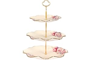 fanquare 3 Poziom Porcelanowy Patera na Ciasta, Vintage Kwiatowy Stojak na Babeczki, Patera na Ciasto w Kształcie Lotosu z Metalowe Pręty na Wesele, Przyjęcie Herbaciane, Baby Shower, Złoto