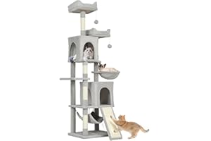PawHut Tiragraffi per Gatti Alto 177 cm, Albero per Gatti Multilivello con 5 Pali Graffiatoi, 2 Grotte, 2 Cucce, 2 Amache, 2 Pompon, Piattaforma, Scala, Torre per Gattini, in Peluche, Grigio Chiaro