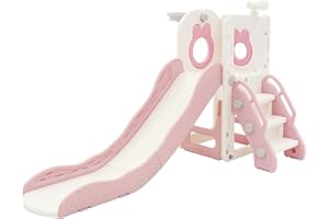 ‎JOYZ Joyz 3-in-1 Kinderrutsche Weiß-Rosa, Kunststoff, Spielturm Set Indoor & Outdoor, Kinder Spielzeug mit Rutsche und Basketballkorb, ab 3 Jahren, Babyrutsche Gartenrutsche Kleinkinderrutsche Rutschbahn