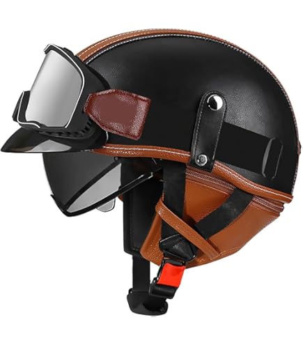 Casque En Cuir Marron 3/4, Casque De Moto Rétro Approuvé Par