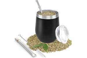Yitobici Taza de té mate de doble pared de acero inoxidable resistente al calor con tapa sin BPA, dos pajitas y cepillo de limpieza (negro)