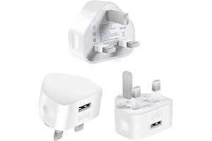 CHARGEWAY 3 Pack White USB Plugs for iPhone & Other Mobiles - Compatible with Samsung & iPads - 3 Pin USB Adapter Plugs - UK Mains Chargers