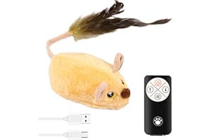 FYEME Juguete para gatos eléctrico con cola de pluma, juguete para gatos, ratón eléctrico con luz LED USB, ruido de ratón realista, juguete interactivo para gatos y perros (amarillo + mando a distancia)