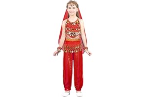 Agoky Mädchen Bauchtanz Kleidung Set aus Pailetten Crop Top und Pumphose Wickelrock Schleier Kopfbedeckung indische Prinzessin Party Outfits