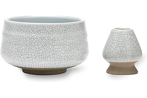 TEANAGOO Matcha Schüssel & Schneebesenhalter, Chasen-Halter, MB-5, 510 ML, Matt-Elfenbeinweiß mit schwarzer Naht, Matcha-Schüsseln,