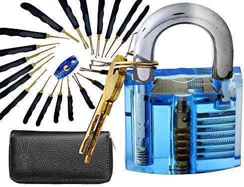 24 Piece Lock Pick Set With Transparent Lock By Cofif Practice Padlock For Beginners &amp; Pro Locksmiths Lock Picking Tool Kit + E-Guide +Repair Tools