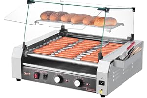 VEVOR Hot Dog Maschine 11 Rollen Edelstahl, 2200 W, Elektrogrill mit Abdeckung & 2 Temperaturregler & seitlicher Aufbewahrungsbox & herausnehmbarem Regal & Ölauffangschale