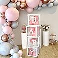 Baby Shower Decorations Box - 4Pcs White Transparent Square Baby Shower Boxes including BABY Letters, Baby Balloon Boxes for Boy Girl Baby Shower, Birthday Party, Gender Reveal, Theme Party Decoration