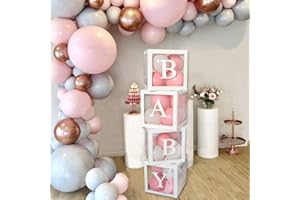 WAYFUN Baby Shower Decorations Box - 4Pcs White Transparent Square Boxes with ‘BABY’ Letters, Baby Balloon Boxes for Boy Girl Baby Shower Party Supplies, Gender Reveal, Birthday, Theme Party Decoration