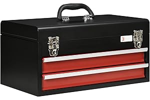 DURHAND Caja de Herramientas de Acero con 2 Cajones Tapa Abatible Bandeja Superior Cierres Metálicos y Asa Maletín de Herramientas Portátil para Taller Bricolaje Hogar 46x24x22 cm Negro