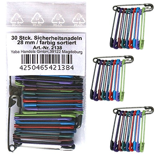 30 Stück farbige Sicherheitsnadeln 28 mm / 10 verschiedene Farben, Sicherheits- Nadel Nadeln, 2138