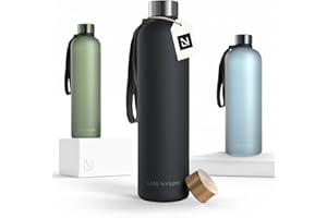 LARS NYSØM Butelka na wodę 1l | Butelka na wodę | Ultralekka flaszka sportowa | Odpowiednia do napojów gazowanych - do sportu, biura, jogi | 2 pokrywki w zestawie (Carbon Black, 1000ml)