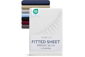 CGK UNLIMITED Single Fitted Bed Sheet 90x190x30cm - Deep Fitted Sheet for Mattresses up to 30 cm (12") - Soft Brushed Microfiber - Wrinkle, Shrinkage & Fade Resistant - OEKO-TEX - White - Bottom Sheet