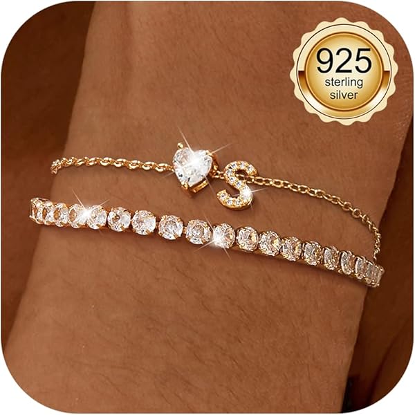 Chriscoco Armband Damen 14K Vergoldet - Verstellbares Herz & Tennis Armband Set, Wasserfest