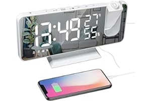 ThreeH Réveil de Projection avec Chargeur USB Réveil de Projecteur Rotatif à 180 ° avec Radio FM Écran Miroir 7,4 '' 2 Sons 4 Gradateurs Blanc