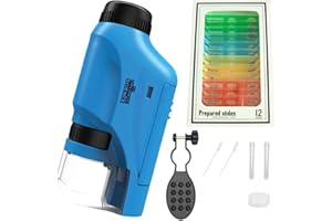 Foreverup Minilabsters Miniscope for Kids, 60-120X Mini Microscope for Kids, Led Lighted Portable Pocket Microscope with 12 Microscope Slides for Kids Students Microbiological Observation, Blue