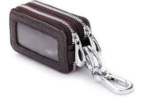 PORRASSO Etuis Porte Clés Véritable Cuir Voiture Clé Cas Portable Pochette Porte Cles Porte-Monnaie Double Zippée Car Key Case pour Hommes Femme Marron