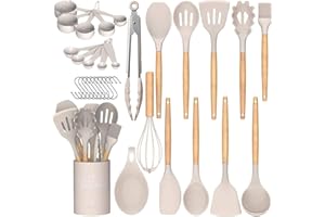 Umite Chef Küchenutensilien-Set, antihaftbeschichtet, Silikon, Küchenutensilien, Spachtel-Set mit Halter, Holzgriff, Silikon, 33-teilig, Khaki