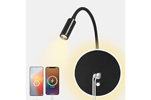 HUIZHOU Reading Lamp Wall Mounting, 12 W, Touch Control Wall Lamp, Dimmable and USB Charging Port, 360° Rotating Bedside Lamp, Suitable for Bedrooms, Stairs, Hallways, Offices (Black)